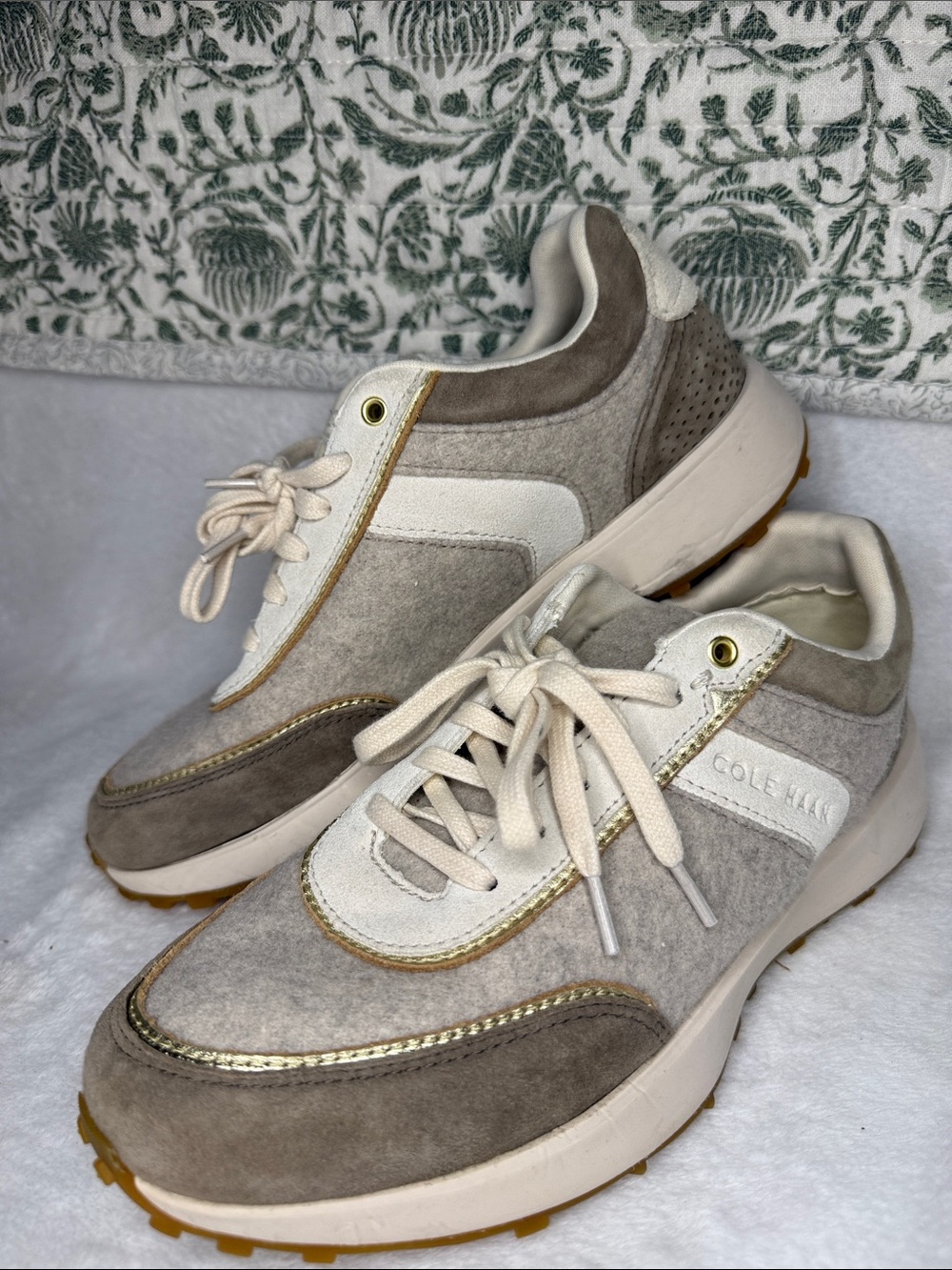 Cole Haan Taupe and Cream Mixed-Material Lace-Up Sneakers